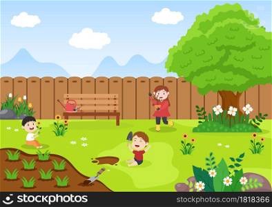Farm Gardener Background Vector Illustration With A Landscape Of Gardens, Flowers, Vegetables Planted, Wheelbarrow, Shovel And Equipment in Flat Design Style