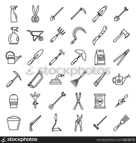 Farm gardening tools icon set. Outline set of farm gardening tools vector icons for web design isolated on white background. Farm gardening tools icon set, outline style