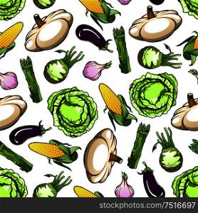 Farm green cabbages and sweet corn cobs, eggplants and spicy garlic, bunches of asparagus and pattypan squashes vegetables seamless pattern over white background. Agriculture harvest, organic farm food theme. Seamless fresh farm vegetables pattern
