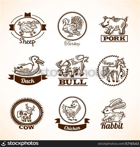 Farm hand drawn labels set with sheep turkey duck bull horse isolated vector illustration