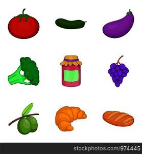 Farm harvest icons set. Cartoon set of 9 farm harvest vector icons for web isolated on white background. Farm harvest icons set, cartoon style
