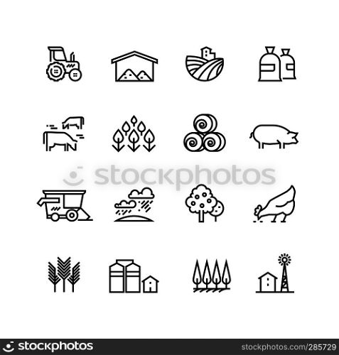 Farm harvest linear vector icons. Agronomy and farming pictograms. Agricultural symbols, farm field, agricultural equipment, tractor transport illustration. Farm harvest linear vector icons. Agronomy and farming pictograms. Agricultural symbols