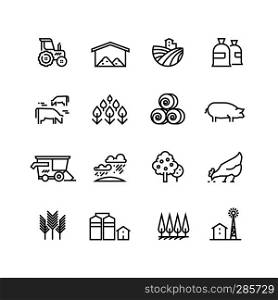 Farm harvest linear vector icons. Agronomy and farming pictograms. Agricultural symbols, farm field, agricultural equipment, tractor transport illustration. Farm harvest linear vector icons. Agronomy and farming pictograms. Agricultural symbols
