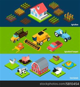 Farm horizontal isometric banners set. Farm livestock animals and agricultural transport machinery and tractors isometric horizontal banners set abstract isolated vector illustration