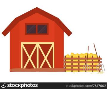 Farm house, hay and pitchfork near fence wooden building with agricultural equipments, farmland decoration element, ranch red house object vector. Wooden Equipment, Hayfork and Hay, Farmland Vector