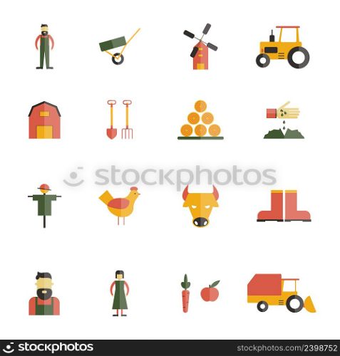 Farm icon flat set with barn cattle cow farming tools isolated vector illustration