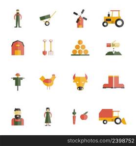 Farm icon flat set with barn cattle cow farming tools isolated vector illustration