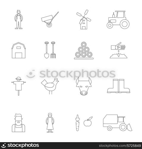 Farm icon outline with farmer tools field crop elements isolated vector illustration