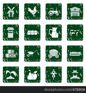 Farm icons set in grunge style green isolated vector illustration. Farm icons set grunge