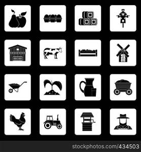 Farm icons set in white squares on black background simple style vector illustration. Farm icons set squares vector