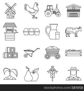Farm icons set. Outline illustration of 16 farm vector icons for web. Farm icons set, outline style