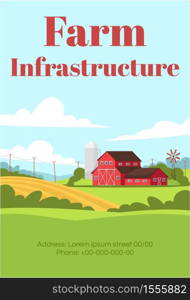 Farm infrastructure poster template. Local production on ranch. Commercial flyer design with semi flat illustration. Vector cartoon promo card. Rural lifestyle advertising invitation. Farm infrastructure poster template