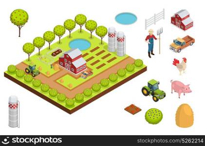 Farm Isometric Composition. Farm isometric composition layout creating a farm with a house trees seedlings and animals vector illustration