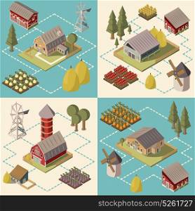 Farm Isometric Concept. Farm isometric concept with mill fields and harvest barn and silo trees and hay isolated vector illustration