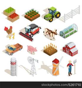 Farm Isometric Icons Collection. Farm isometric icons collection with agricultural machines animals vegetables fruits greenhouse mills farmer barn isolated vector illustration