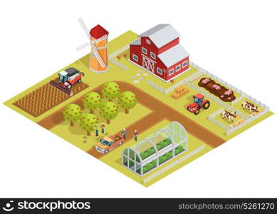 Farm Isometric Template. Farm isometric template with garden trees animals agricultural vehicles farmers mill and greenhouse vector illustration