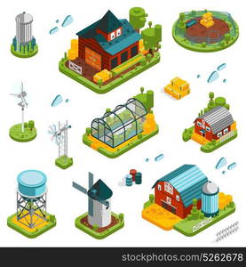 Farm Landscape Elements Set. Farm rural buildings isometric elements set with built structures and single isolated storage and cloud icons vector illustration