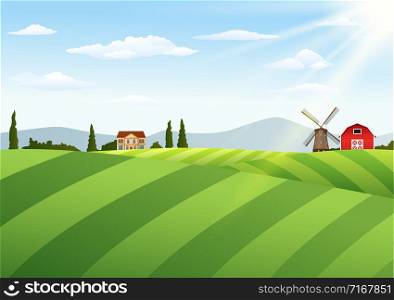Farm landscape with barn and windmill