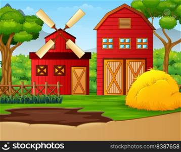 Farm landscape with red shed and windmill	