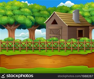 Farm landscape with shed and green plants
