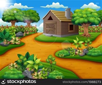 Farm landscape with shed and green plants