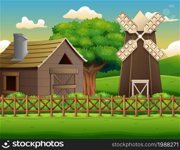 Farm landscape with shed and windmill