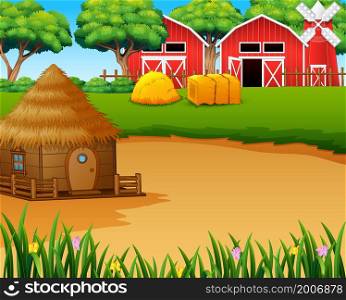 Farm landscape with shed,windmill and a hut