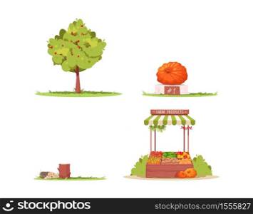 Farm lifestyle semi flat RGB color vector illustration set. Apple tree. Ripe pumpkin as county festival winner. Tree logs. Ranch attributes isolated cartoon object collection on white background. Farm lifestyle semi flat RGB color vector illustration set
