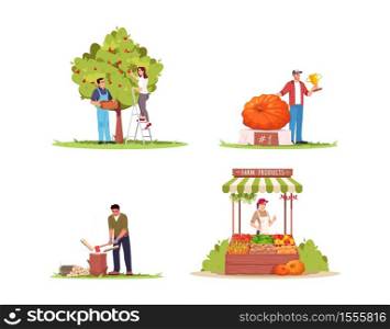 Farm lifestyle semi flat vector illustration set. People collect apple harvest. Man win harvest festival prize. Guy cut wood. Farmers 2D cartoon characters collection for commercial use. semi flat vector illustration set