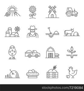 Farm line icon, tractor, farmer, fields and straw. Agriculture landscape with natural products, mill, cow and chicken. Rural logo vector set. Farmhouse with plantation and equipment. Farm line icon, tractor, farmer, fields and straw. Agriculture landscape with natural products, mill, cow and chicken. Rural logo vector set