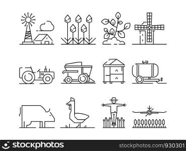 Farm linear icon. Agricultura nature village fields wheat symbols vector isolated. Rural combine, harvest grow, machine for agricultural illustration. Farm linear icon. Agricultura nature village fields wheat symbols vector isolated