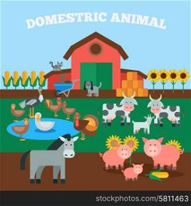 Farm livestock concept with flat domestic animals icons set vector illustration. Domestic Animals Concept