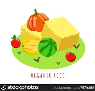Farm local market isometric background composition with text and cartoon images of ripe vegetables on grass vector illustration