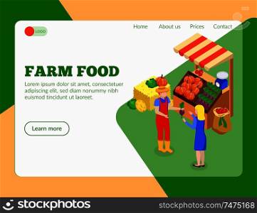 Farm local market isometric landing page with clickable links images of people food products and text vector illustration