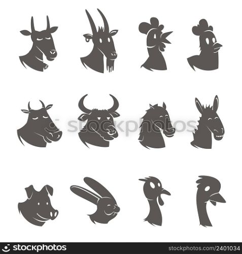 Farm male and animals heads black icons set with rooster hen mare stallion abstract isolated vector illustration . Farm Animals Heads Black Icons Set