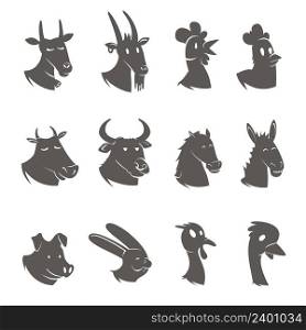 Farm male and animals heads black icons set with rooster hen mare stallion abstract isolated vector illustration . Farm Animals Heads Black Icons Set