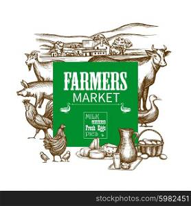Farm market invitation frame with hand drawn animals and food vector illustration. Farm Market Frame