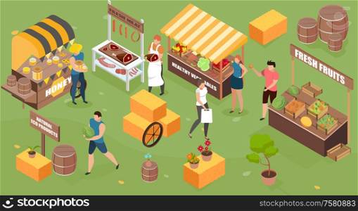 Farm market isometric composition with outdoor scenery people and market stalls with organic self-made products vector illustration