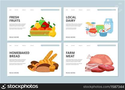 Farm market landing page. Vector web page template with meat, fruits, dairy. Farm market landing page