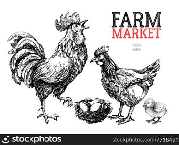 Farm market poster design template. Chicken, rooster and eggs hand drawn sketch vector illustration