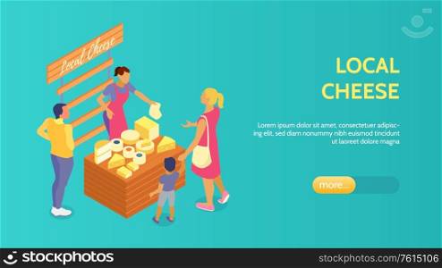 Farm market shop with local cheese customers and seller on blue background 3d isometric banner vector illustration