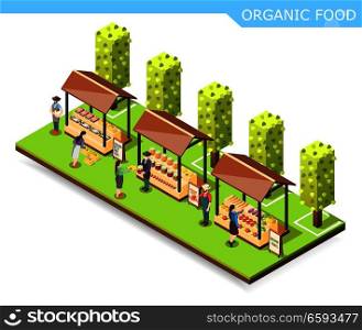 Farm market with organic food isometric composition with vegetables, preserves, meat and fish on counters vector illustration. Farm Market Organic Food Composition