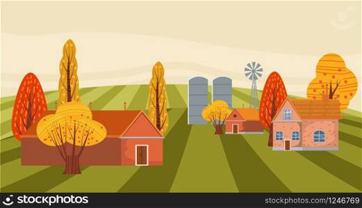 Farm modern flat cartoon design style vector illustration on green background with place for text. Farm modern flat cartoon design style vector illustration on green background with place for text. A countryside rural landscape autumn with a barn, windmill, haystacks, pond, silage towers, isolated