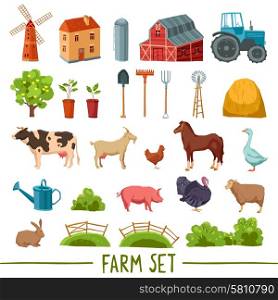 Farm multicolored icon set with house barn tractor tree haystack cattle poultry garden tools isolated vector illustration. Farm multicolored icon set