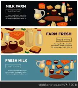 Farm of fresh milk promotional Internet banners. Dairy products of high quality on web sites. Delicious cheese, fat curd and healthy kefir on online commercials with sample text vector illustration.. Farm of fresh milk promotional Indernet banners set