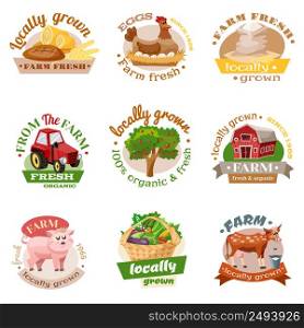 Farm organic fresh and locally grown production symbols and text flat color emblems set isolated vector illustration. Farm Flat Emblem Set