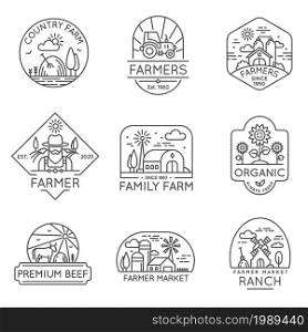 Farm organic product line label and logo with field and barn. Fresh food products icons, nature countryside landscape. Farmland vector set. Organic premium natural meat store logotype. Farm organic product line label and logo with field and barn. Fresh food products icons, nature countryside landscape. Farmland vector set