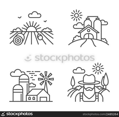 Farm organic product line label, land barn and windmill. Farm logo natural, label line agriculture template, farming outline emblem. Vector illustration. Farm organic product line label, land barn and windmill