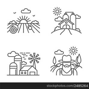 Farm organic product line label, land barn and windmill. Farm logo natural, label line agriculture template, farming outline emblem. Vector illustration. Farm organic product line label, land barn and windmill