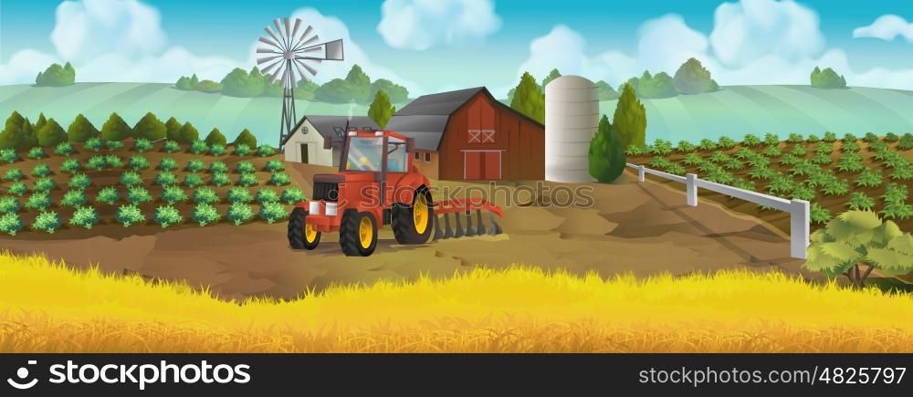 Farm, panorama landscape, vector background